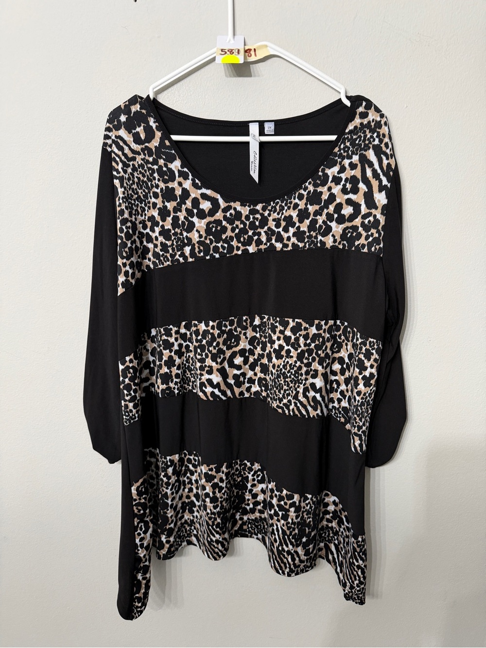 Women's NY Collection Black and Beige Leopard Print Scoop Neck Top 2X